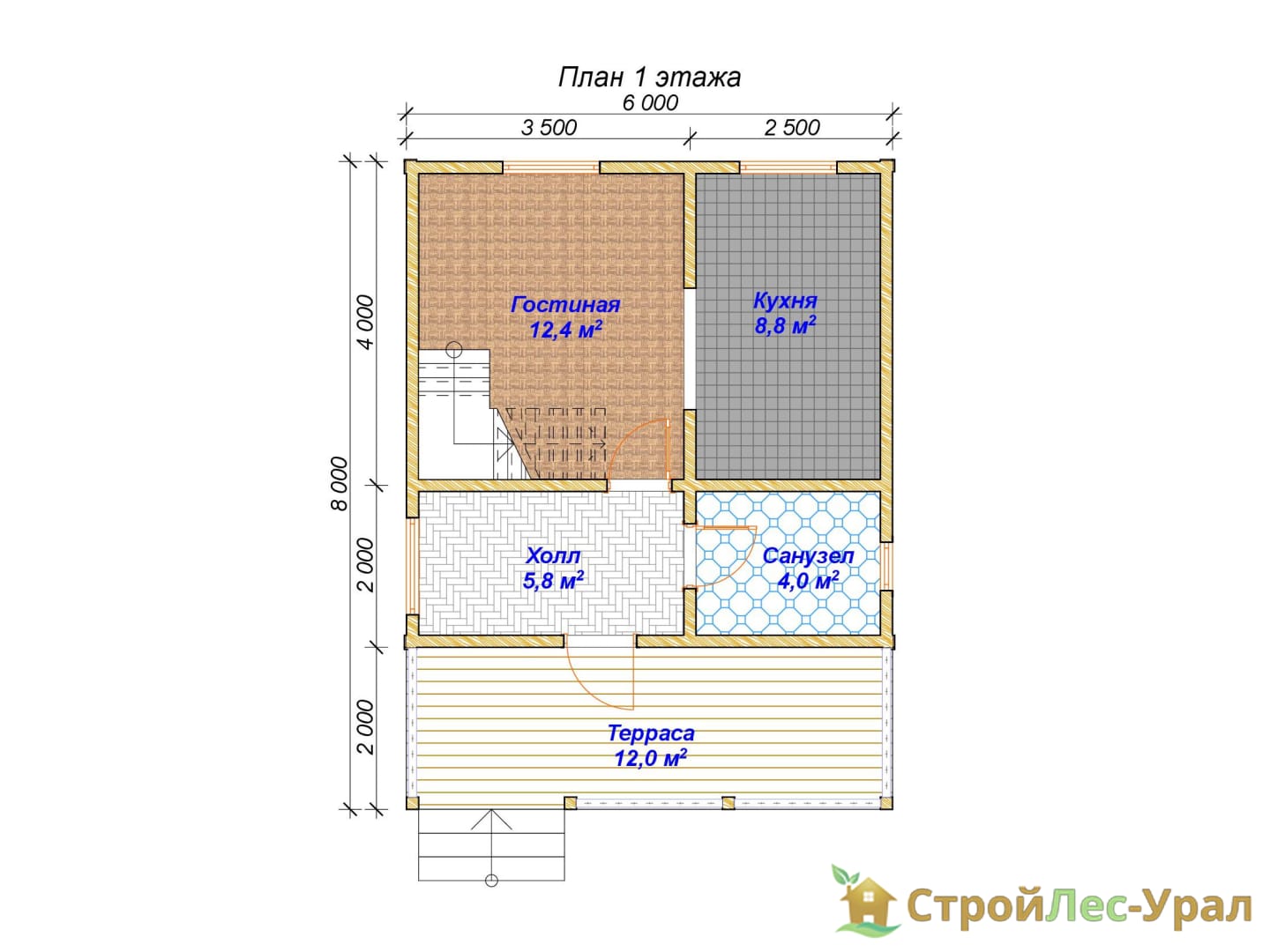 Проект дома ДБ-88 (6х8м), площадью 54м² из бруса 150х150мм